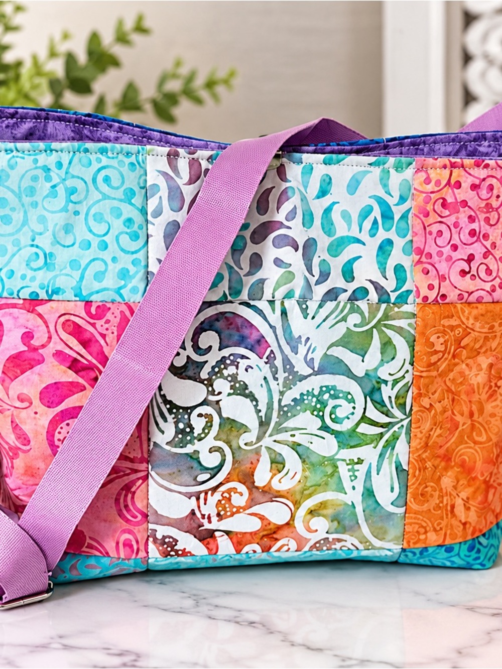 Hand Crafted Multicolor Patchwork Crossbody Bag with Purple Strap